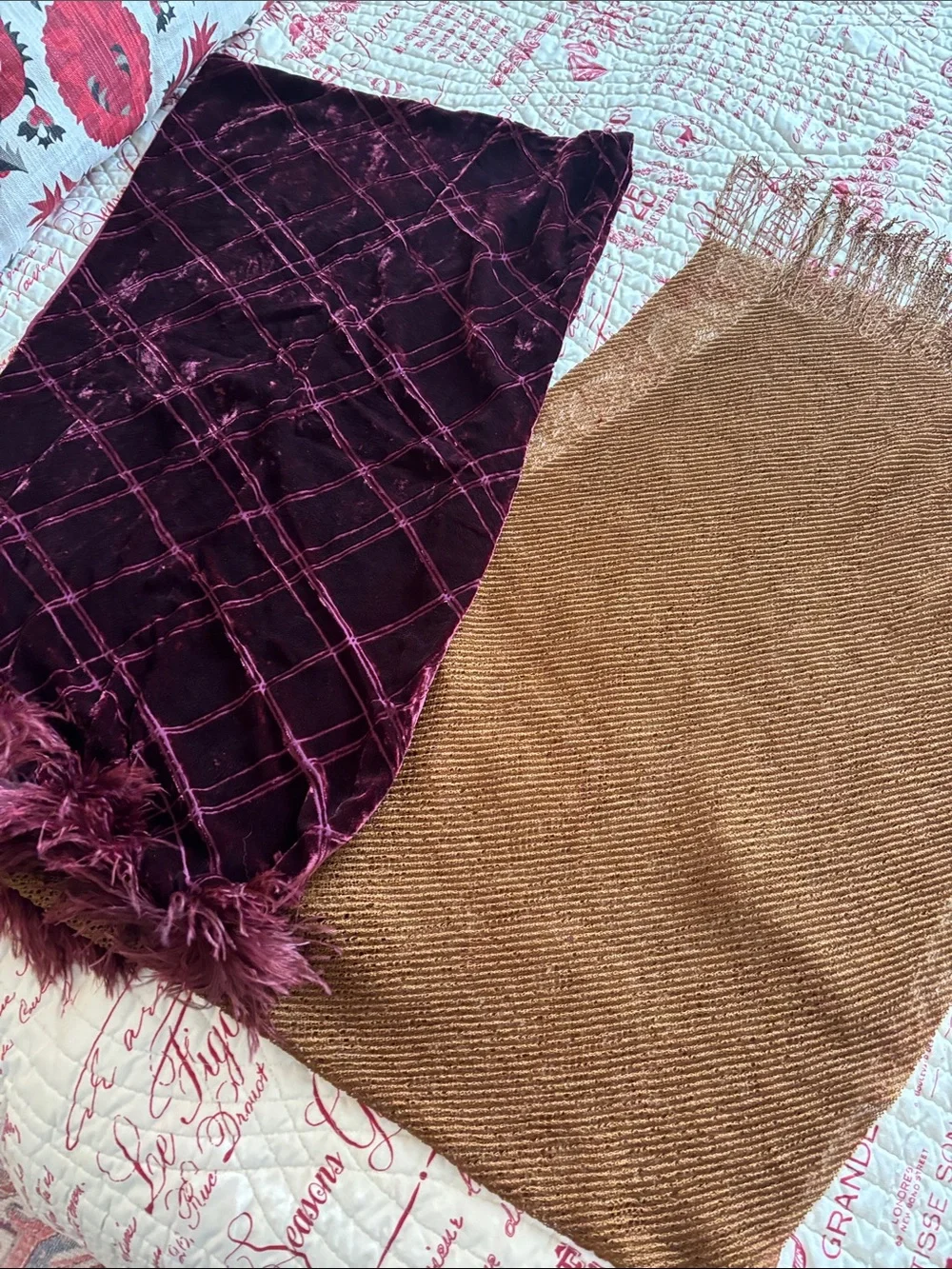 Vintage Wraps/Scarf Bundle: Burgundy Velvet Fringe/Feather & Copper Fringe Wrap